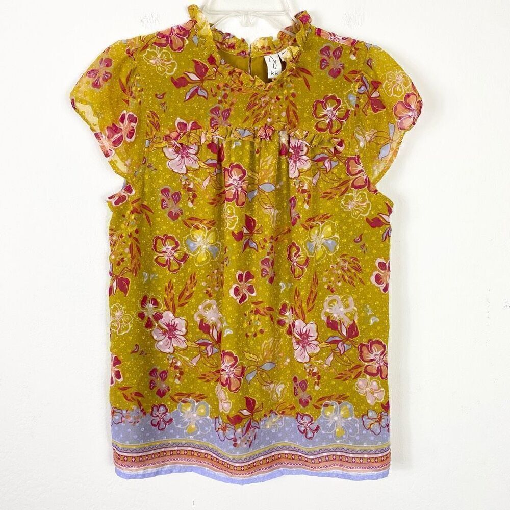 Joie Mustard Yellow & Red Floral Swiss Dot Cap Sleeve Blouse Top Shirt Size M - Picture 3 of 9